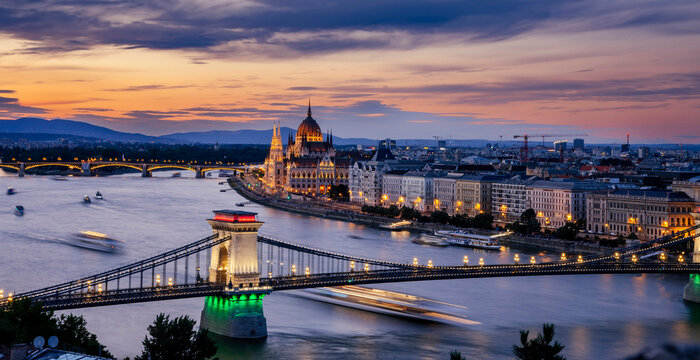Hungarian parliament building and Danube river at sunset, Budapest, Hungary
