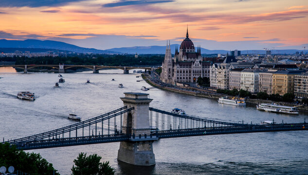 Hungarian parliament building and Danube river at sunset, Budapest, Hungary
