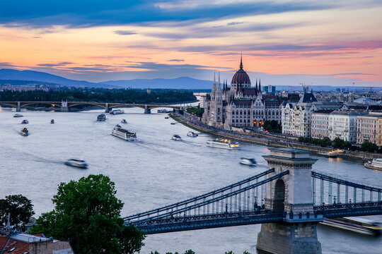 Hungarian parliament building and Danube river at sunset, Budapest, Hungary