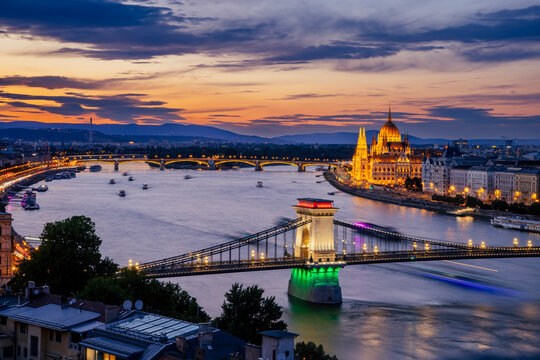Hungarian parliament building and Danube river at sunset, Budapest, Hungary