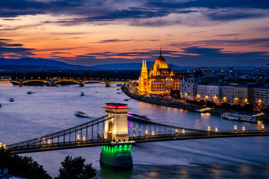 Hungarian parliament building and Danube river at sunset, Budapest, Hungary