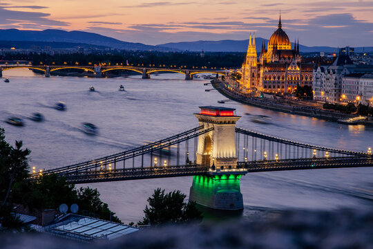 Hungarian parliament building and Danube river at sunset, Budapest, Hungary