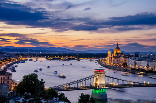 Hungarian parliament building and Danube river at sunset, Budapest, Hungary