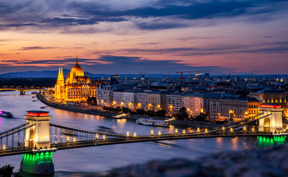 Hungarian parliament building and Danube river at sunset, Budapest, Hungary