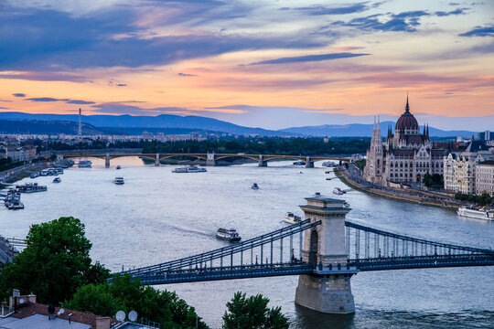 Hungarian parliament building and Danube river at sunset, Budapest, Hungary