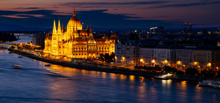 Hungarian parliament building and Danube river at sunset, Budapest, Hungary