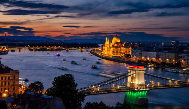Hungarian parliament building and Danube river at sunset, Budapest, Hungary