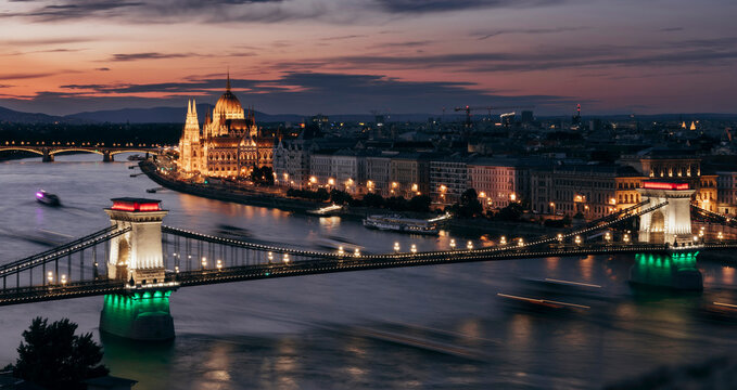 Hungarian parliament building and Danube river at sunset, Budapest, Hungary