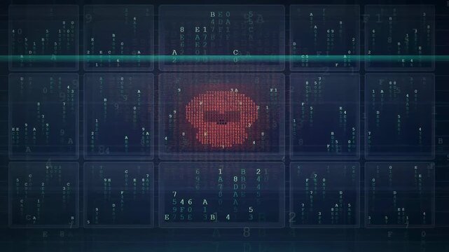 Digital data scanning animation with red skull icon and flowing binary code on dark background