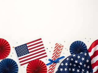 Obraz premium Festive fourth of july decorations with american flags and paper fans on a clean white background