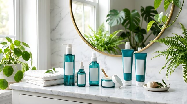 Beautiful luxurious skincare products are elegantly arranged on a bright white bathroom counter with lush green plants and soft natural light