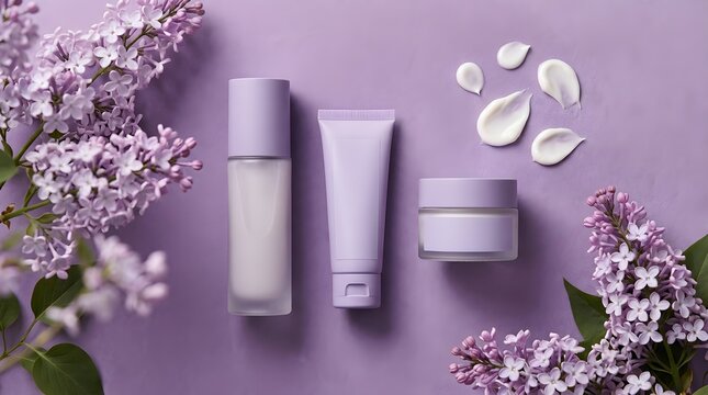 Beautiful lavender skincare collection with gentle lilac blossoms displayed on a serene soft pastel purple backdrop ideal for cosmetic advertising campaigns