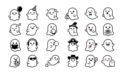 Fototapeta premium Cute Halloween Ghost Character Icon Set with Various Expressions and Costumes for Kids Party Favors, Stickers, and Festive Web Graphic Designs