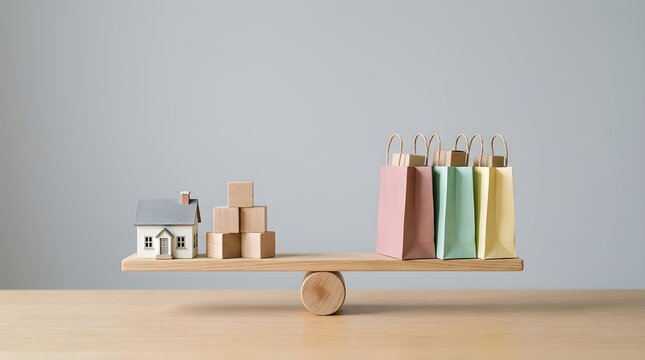 A minimalist still life arrangement with wooden building blocks and a vibrant collection of colorful cosmetic product tubes on a pale background