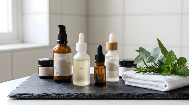 Beautiful arrangement of organic skincare products with vibrant fresh botanical elements presented on a moody dark stone surface inside a bright room
