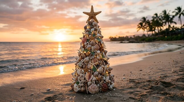 A uniquely charming christmas tree creatively built from beautiful seashells and vibrant starfish is showcased on a warm tropical beach during a