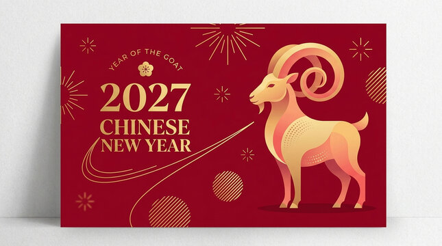2027 Chinese New Year greeting card featuring goat zodiac illustration in festive red and gold design
