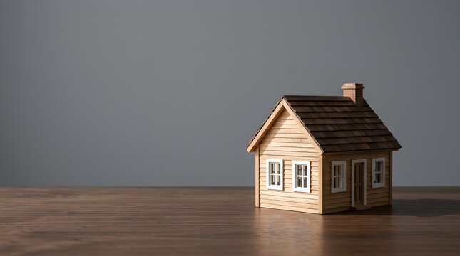 A simple and minimalist representation of a lone wooden house featuring a dark colored roof set against a soft muted gray gradient