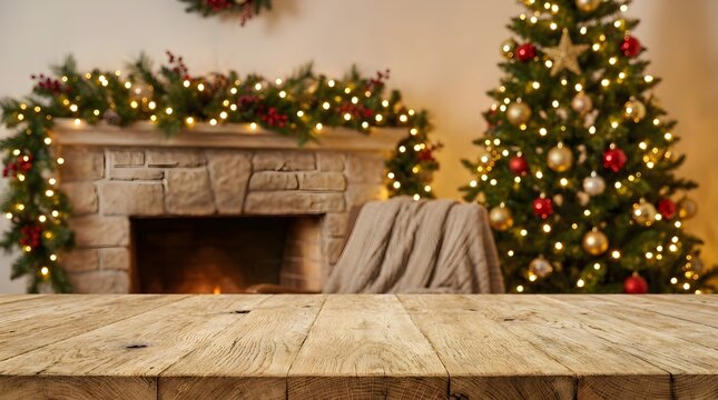 Beautiful festive christmas scene featuring a decorated tree a cozy fireplace and a lovely garland creating a warm and inviting holiday atmosphere