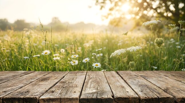 A beautiful sunlit meadow filled with colorful wildflowers and a charming rustic wooden table creates a perfect outdoor setting for spring and
