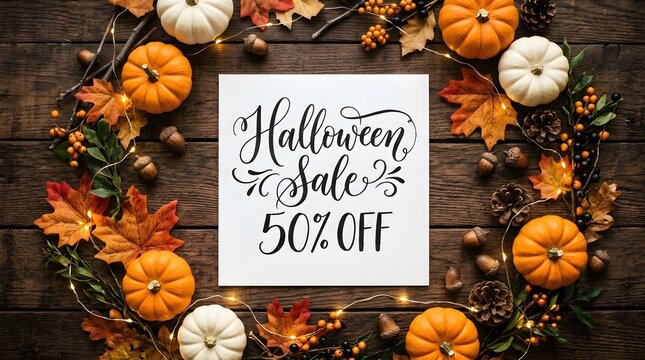 A festive halloween sale announcement is beautifully showcased with decorative pumpkins and colorful autumn leaves on a warm rustic wooden backdrop for