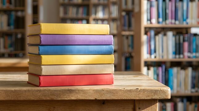 A colorful stack of books rests on a wooden surface in a softly focused library setting evoking knowledge and learning