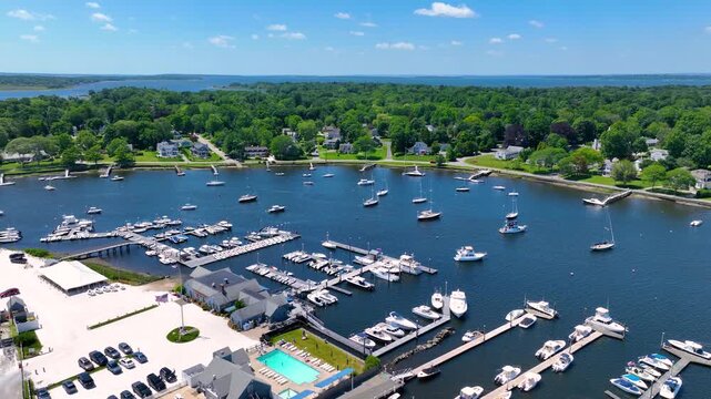 Yachts at Barrington Yacht Club aerial view on Barrington River in town of Barrington, Rhode Island RI, USA. 