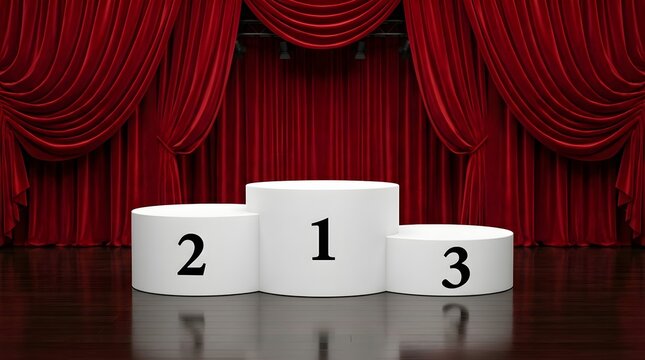 A view of an award ceremony stage featuring three white podiums labeled one two and three positioned before vibrant red curtains