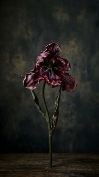 A dramatic still life featuring a single wilting dark red carnation flower set against a dark textured background with a moody artistic