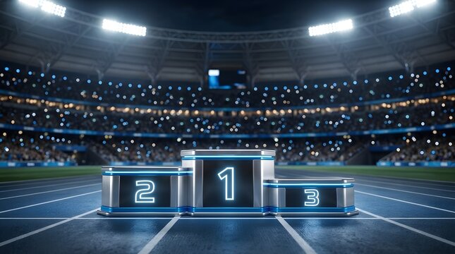 A brightly lit futuristic esports arena features an illuminated podium with a blurred crowd celebrating a winning gaming competition victory