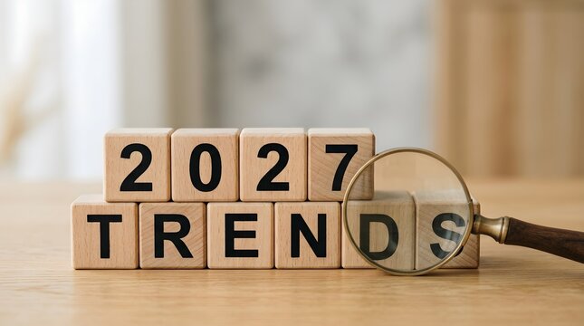 Wooden blocks carefully arranged to display the year 2027 and the word trends are viewed through a magnifying glass for analysis