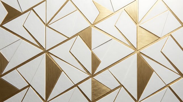 Geometric triangle wall pattern features white panels with metallic gold accents for modern interiors.