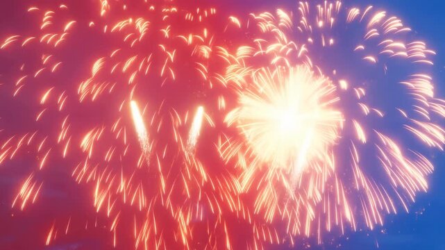 explosive fireworks display in the night sky celebrating new year's eve and independence day with vibrant red and blue colors and aerial view for event footage.