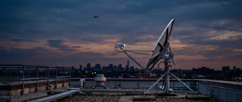 Satellite dish on urban rooftop overlooking city skyline at dusk with satelite in sky
