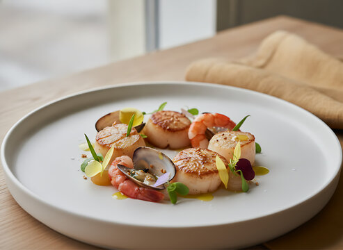 Gourmet Seafood Dish Featuring Pan Seared Scallops and Shrimp on a