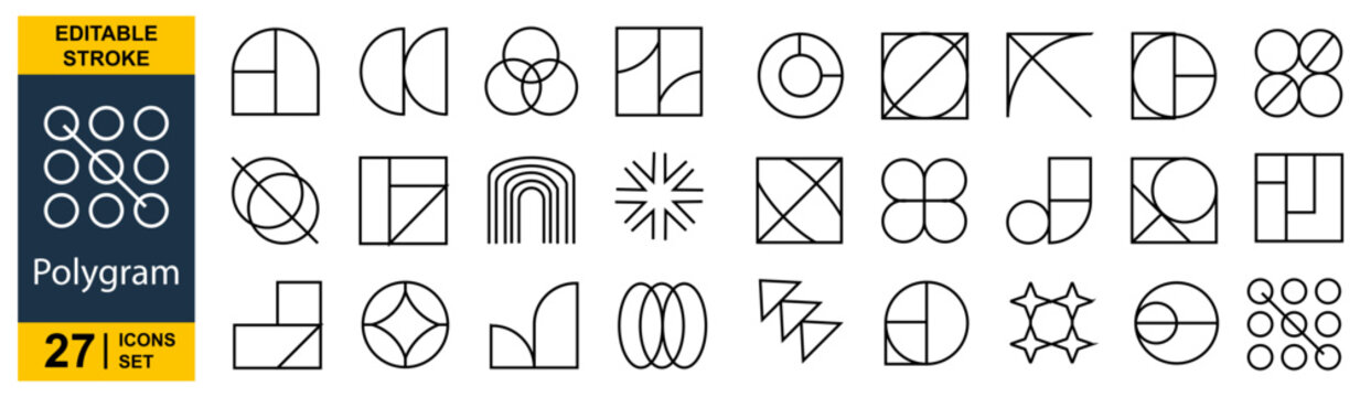 Minimalist polygram geometric icons, 27 editable stroke line elements, modern abstract branding shapes for logo design