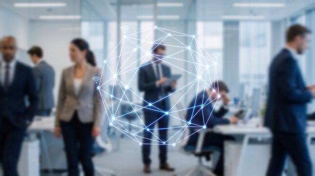 Professional business team working in modern office with glowing digital global network connection overlay representing corporate connectivity and data exchange in a blurred workplace environment
