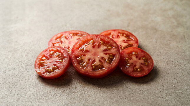 Fresh red tomato slices arranged on a textured stone surface with food photograp