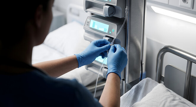 Medical professional adjusting infusion pump equipment near hospital patient bed in sterile room during nursing shift.