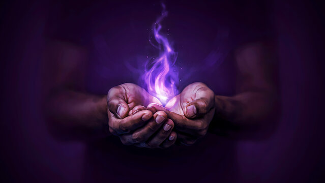 A person holding glowing purple magical energy in their cupped hands against a dark purple background