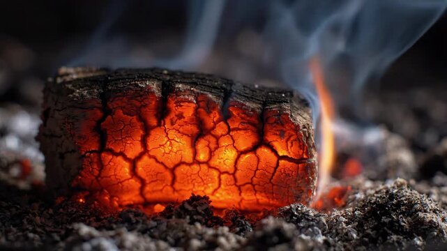 Closeup of a glowing ember, reminiscent of a spooky halloween bonfire, crackling with intense heat and emitting smoke, perfect for halloween themes