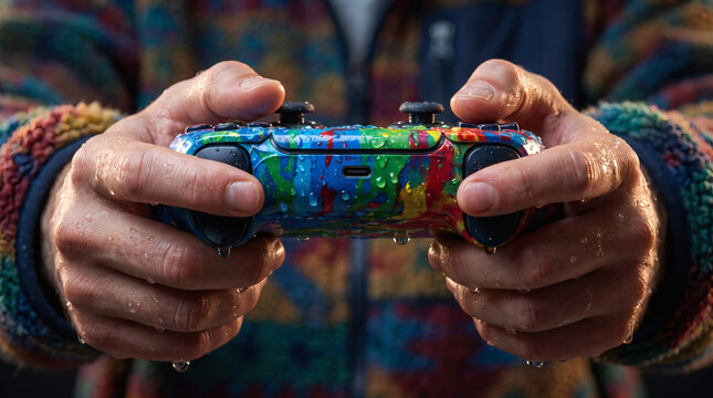 A close-up of two hands holding a colorful, wet gaming controller with splattered paint design, set against a blurred background featuring a textured fleece jacket.