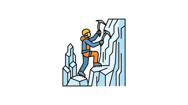 Ice climber scaling a frozen mountain peak with an ice axe.