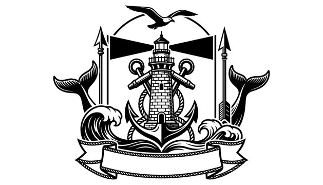 Nautical Lighthouse Emblem Badge with Whale Tails and Anchors