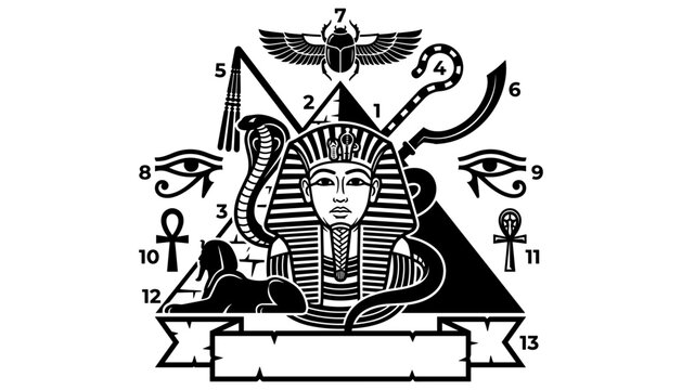 Ancient Egyptian Pharaoh and Symbols Composition Featuring Pyramid Sphinx Eye of Horus Ankh and Scarab Beetle in Black and White Outline Style