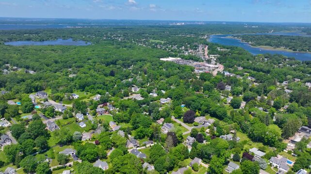Barrington Yacht Club aerial view at Tyler Point in town of Barrington, Rhode Island RI, USA. Tyler Point located at the mouth of Palmer River into Barrington River. 