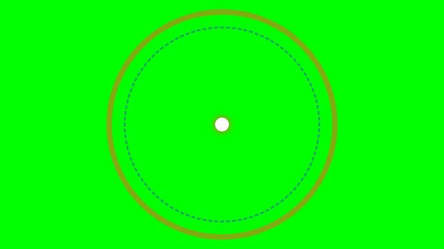 A solid orange circle with a dashed blue ring centered on a green background