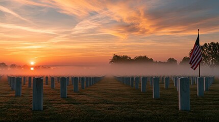 Obraz premium American flag in a misty cemetery at sunrise with rows of headstones and dramatic sky