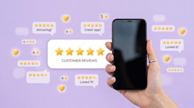 Hand holding smartphone surrounded by floating five-star ratings and positive customer reviews bubbles representing high satisfaction and feedback on social media platforms.