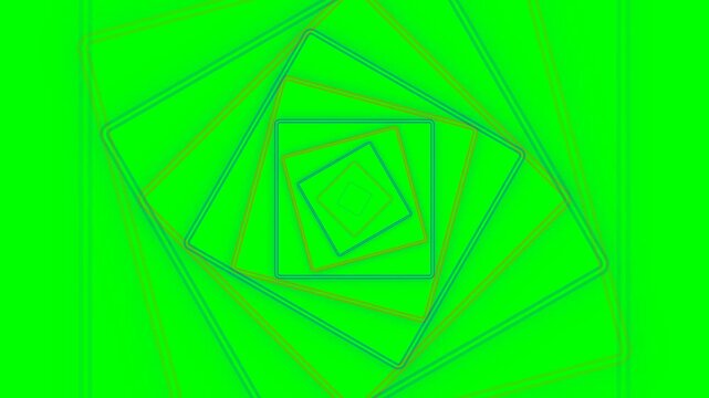 Abstract geometric tunnel of rotating neon squares on a green background